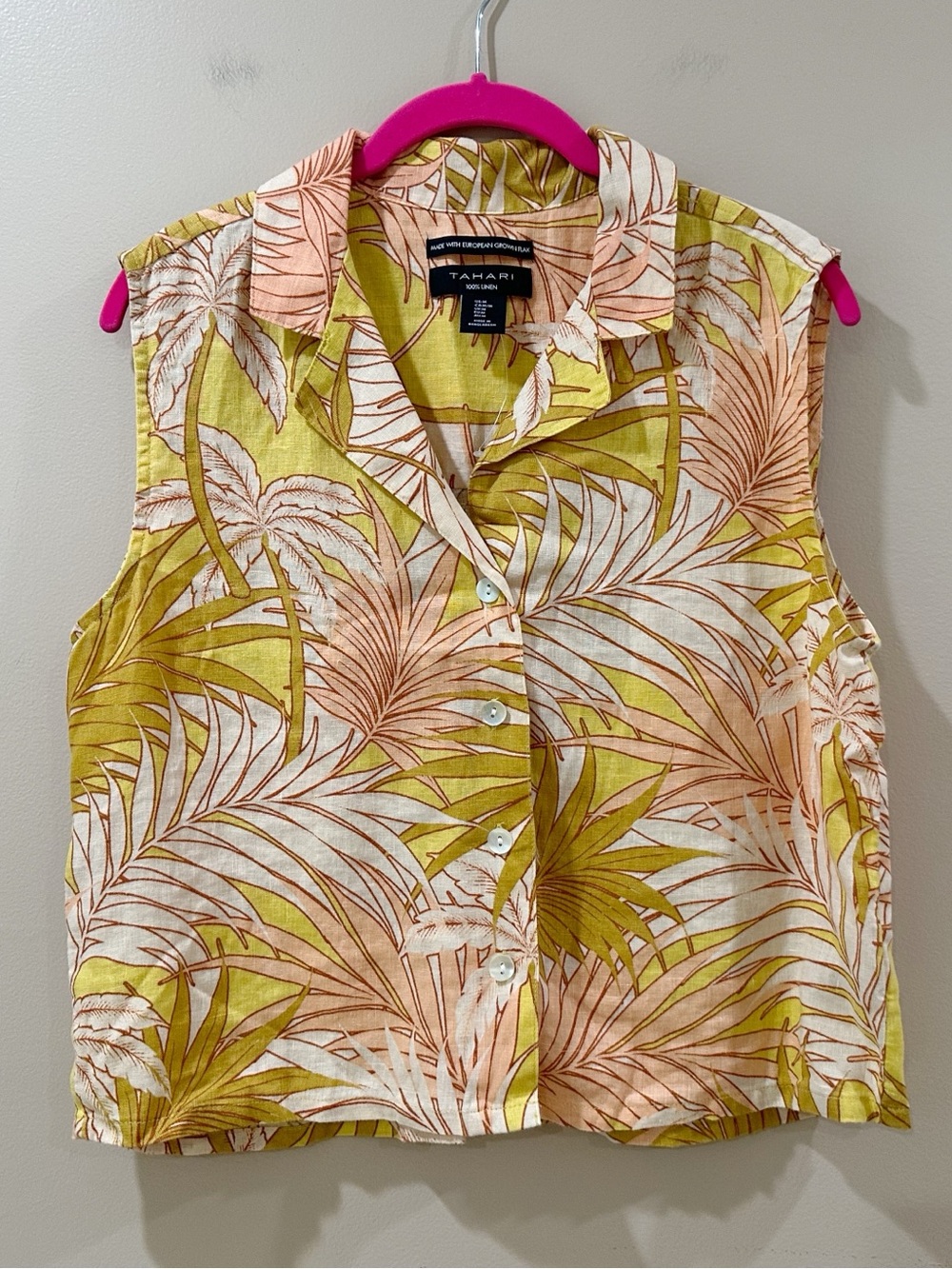Tahari Womens M Yellow Plam Linen Tank Top Sleeveless Button Front Coastal New